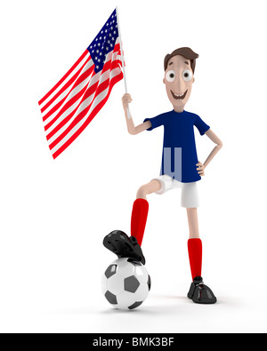 Smiling cartoon style joueur de foot avec ballon et drapeau USA Banque D'Images