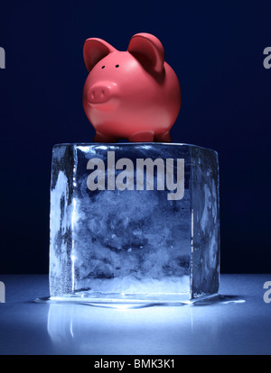 La glace d'un bloc de glace avec un pink piggy bank on top Banque D'Images