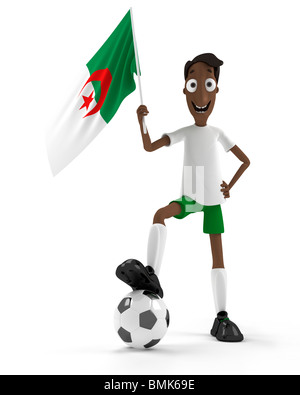 Smiling cartoon style joueur de foot avec ballon et drapeau de l'Algérie Banque D'Images