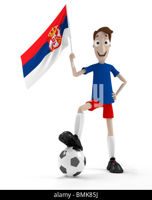 Smiling cartoon style joueur de foot avec ballon et drapeau de la Serbie Banque D'Images