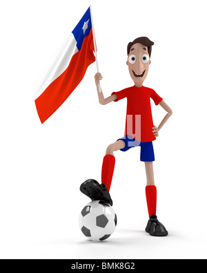 Smiling cartoon style joueur de foot avec ballon et drapeau du Chili Banque D'Images