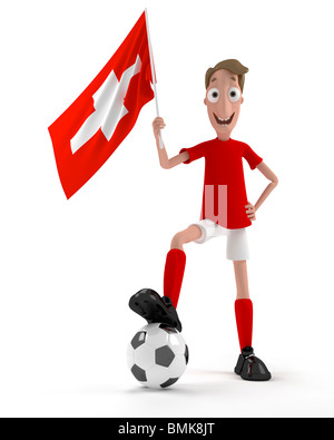 Smiling cartoon style joueur de foot avec ballon et drapeau suisse Banque D'Images