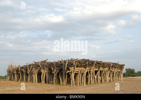 Ethiopie : Abaisser le bassin de la rivière Omo, village de Karo Duss, bâtiment en bois où les hommes aînés se rencontrent pour discuter de la législation communautaire, Banque D'Images