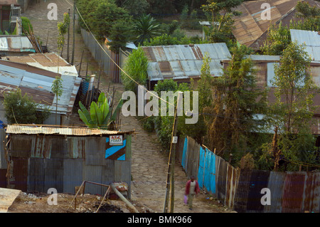 Un homme marche le long d'un chemin bordé de litière par mosaïque de arbres et toits d'étain rouillé d'un quartier à Addis-Abeba, Ethiopie. Banque D'Images