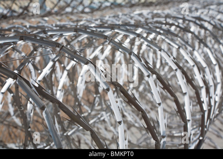 Rouleaux de barbelés à spirales en acier inoxydable garder prisonniers loin de grillage à l'établissement correctionnel en Floride Banque D'Images