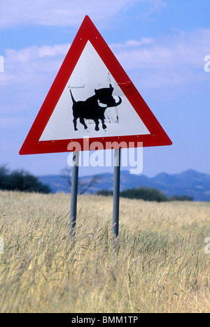 La Namibie, Phacochère panneau de passage à niveau le long de la route nationale B1 au nord de Windhoek (Pharcochoerus africanus) Banque D'Images