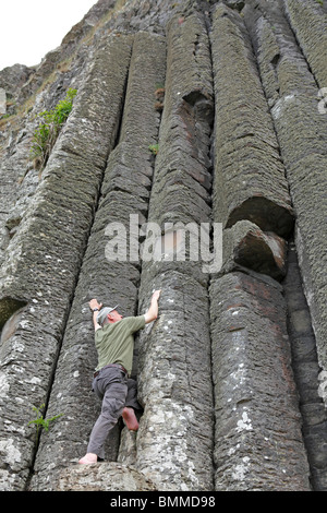 Un homme se faisant passer pour monter les colonnes de basalte de la Chaussée des Géants, en Irlande du Nord Banque D'Images