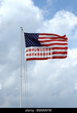 Brandir le drapeau américain en forte brise et ciel bleu avec des nuages d'été. Banque D'Images