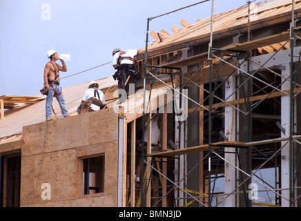 Charpentiers travaillant dans le toit d'un bâtiment neuf, California, USA Banque D'Images