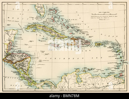 La carte des Antilles et la mer des Caraïbes, 1800. Lithographie couleur Banque D'Images