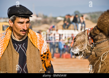 Homme turc avec camel prêts à se battre, Ayvalik, Turquie, Asie Banque D'Images