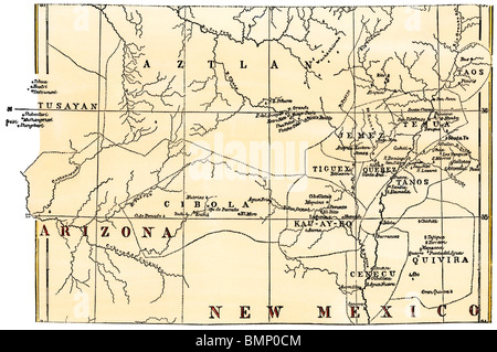 Carte de la région de Pueblo, montrant habitée et ruines Pueblos, années 1800. À la main, gravure sur bois Banque D'Images