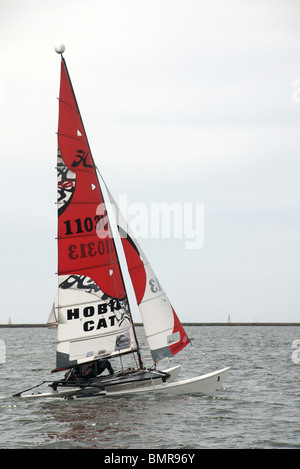 Catamaran Hobie Cat avec brise-lames de fond, Plymouth, Devon, UK Banque D'Images