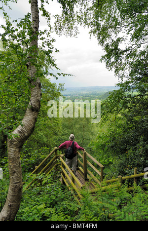 Walker en admirant la vue sur la Plaine du Cheshire du sentier de grès. Banque D'Images