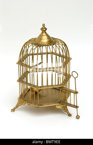 Cage à oiseaux en laiton vintage ornée avec porte ouverte. Banque D'Images