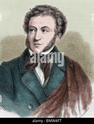 Pouchkine, Aleksandr Sergeevic (Moscou, Saint-Pétersbourg, 1799-1837). Poète russe. Gravure en couleur. Banque D'Images