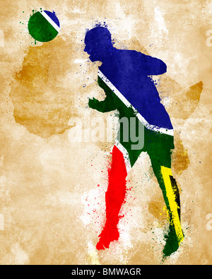 Un joueur de soccer avec drapeau sud-africain peint Banque D'Images