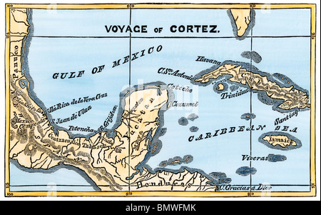 Carte de l'aire d'atterrissage des Cortes au Mexique, 1519. À la main, gravure sur bois Banque D'Images