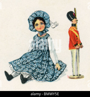 Jouer - Dollies Dolly en robe bleue et petit soldat de plomb Banque D'Images