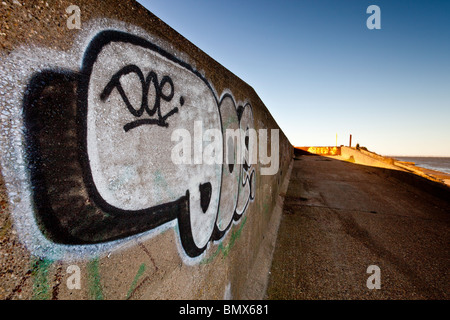 Sea wall avec graffiti sur l'île de Grain, l'estuaire de la Tamise Banque D'Images