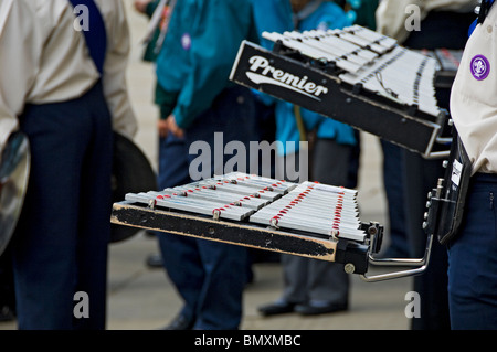 Gros plan du musicien joueur de glockenspiel dans les scouts Groupe York North Yorkshire Angleterre Royaume-Uni GB Great Grande-Bretagne Banque D'Images