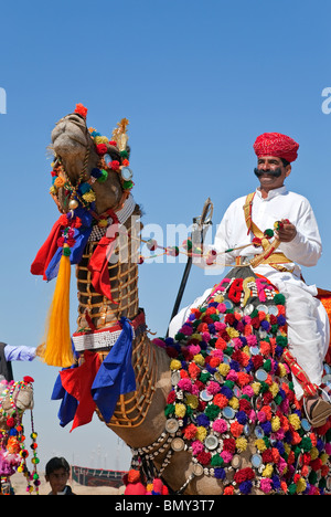 Camel décorées avec costumes traditionnels. Jaisalmer Desert Festival. Le Rajasthan. L'Inde Banque D'Images