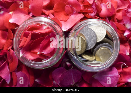 Pièces de monnaie de différents pays, la plupart d'entre eux sont aujourd'hui n'est pas utilisé avec un fond fait de roses Banque D'Images