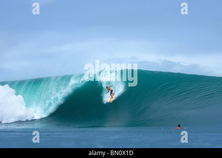 En tenant le surfeur sur grosse vague Banque D'Images