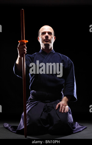 Portrait d'un combat de Kendo Bokken avec Banque D'Images