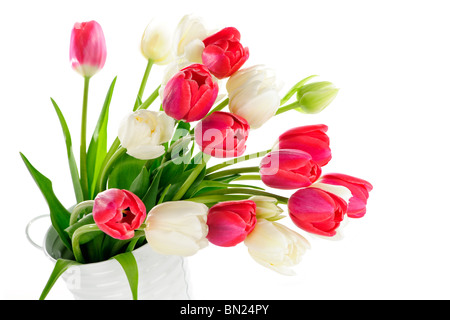 Bouquet de tulipes rouges et blancs dans la benne en métal Banque D'Images