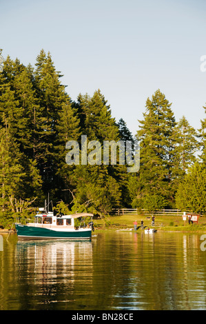 Un charmant bateau en forme de remorqueur est ancré près de McMicken Island State Park à marée haute dans le cas où l'entrée (sur le sud de Puget Sound, WA. Banque D'Images