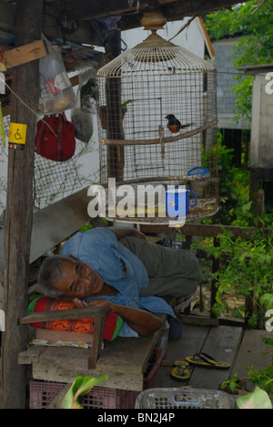 Vieil homme endormi sur un banc de la ville de Takua Pa, à l'ouest de la Thaïlande Banque D'Images