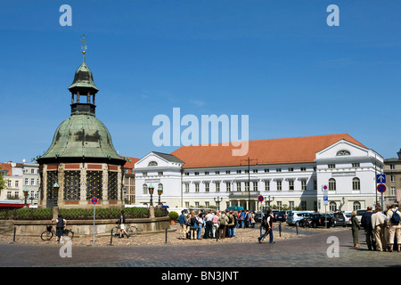 Hôtel de ville et un mémorial (Wasserkunst) à la place du marché de Wismar, Allemagne Banque D'Images