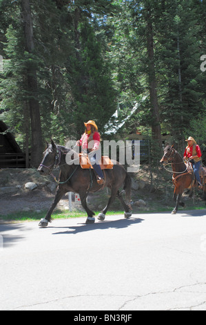 Pony Express Rider en passant par la ville de Strawberry Californie en comté d'El Dorado. Banque D'Images