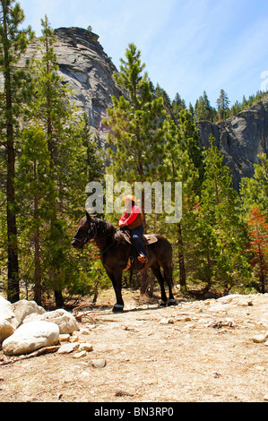 Pony Express Rider en passant par la ville de Strawberry Californie en comté d'El Dorado. Banque D'Images