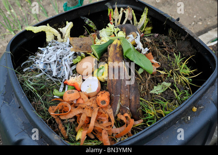 Bac à compost dans un jardin avec des déchets de cuisine. Banque D'Images