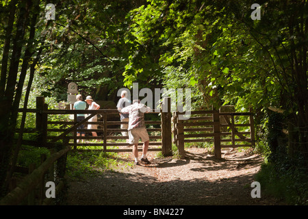 Man aux côtés de la porte cinq barres kissing gate à Selborne dans chemin jusqu'à Selborne Hanger Banque D'Images