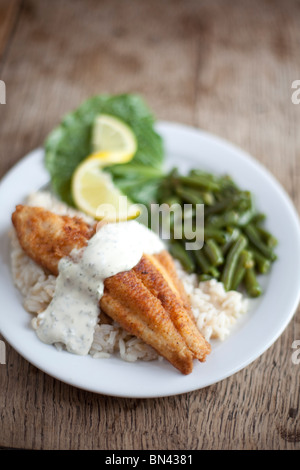 Une panure de style français sur le poisson-chat local servi avec des haricots verts. Tourné au Restaurant La Couronne, Indianola, Mississippi. Banque D'Images