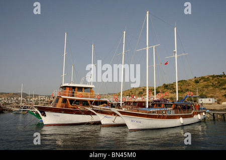 Gulet traditionnel de style turc les bateaux amarrés à Gumbet près de Bodrum, sur la côte turque de la mer Égée se Turquie Banque D'Images