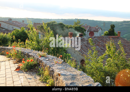 Cottages et coquelicots au coucher du soleil, Rocca d'Orcia, Val d'Orcia, Toscane, Italie Banque D'Images