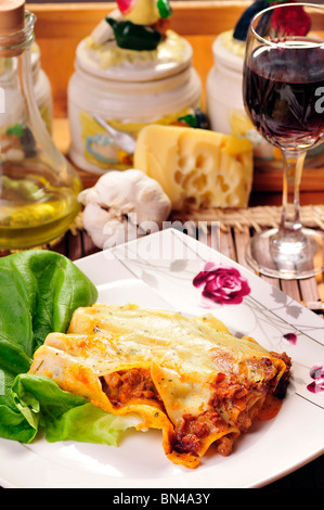 Les Cannelloni fromage cuire délicieux dîner nourriture garnir l'italien italie déjeuner repas viande faire fondre la mozzarella pâtes alimentaires plaque partie restauran Banque D'Images