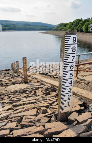 Marqueurs de niveau d'eau sur le réservoir d'achillée, Lancashire, ce qui indique une très faible niveau d'eau en raison de l'absence ou la pluie. Banque D'Images