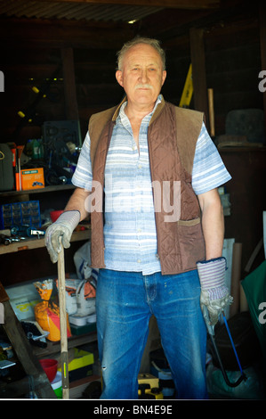 Fermier âgé aux cheveux gris se trouve dans son hangar en portant des gants à regarder l'appareil photo Banque D'Images