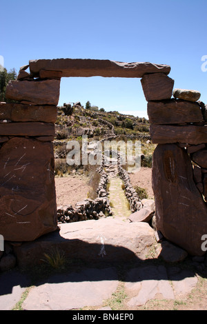 Sur le chemin de l'île de Taquile, le Lac Titicaca, au Pérou. Banque D'Images