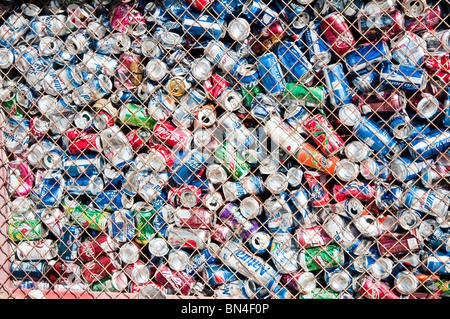 Des canettes de bière et de soda en aluminium sont collectées à un parc de récupération de ferraille pour recyclage en de nouveaux lingots d'aluminium. Banque D'Images