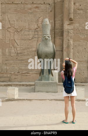 Woman prendre une photo d'une statue de l'ancien dieu égyptien Horus ; Temple d'Edfou, Egypte Banque D'Images