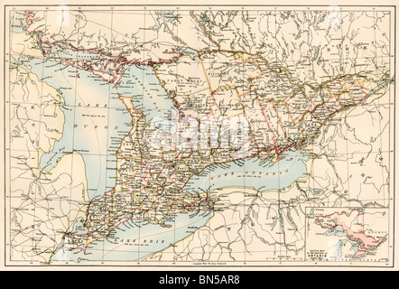 Carte de l'Ontario, Canada, 1870. Lithographie couleur Banque D'Images