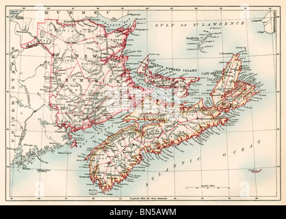 Carte de la Nouvelle-Écosse, Île du Prince Édouard et le Nouveau Brunswick, 1870. Lithographie couleur Banque D'Images