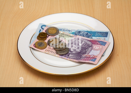 Devise polonaise Zloty et Grosz portant sur la plaque de la Chine Banque D'Images