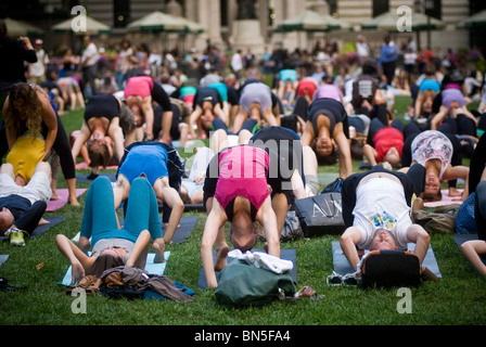 Des centaines de pratiquants de yoga de tous les niveaux participent à une classe de yoga donnés dans Bryant Park à New York Banque D'Images